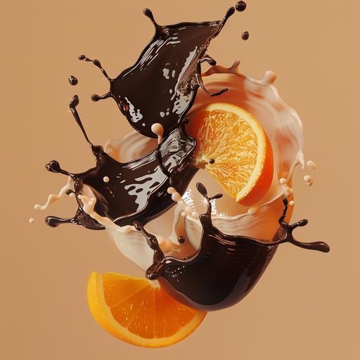 a photorealistic floating made of ice cream, photorealistic pieces of Oranges, chocolate, fluid form, elegant compositions, light brown neutral background, Fujifilm, Fujicolor C200