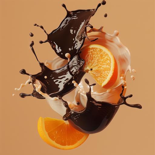 a photorealistic floating made of ice cream, photorealistic pieces of Oranges, chocolate, fluid form, elegant compositions, light brown neutral background, Fujifilm, Fujicolor C200 --v 6.0