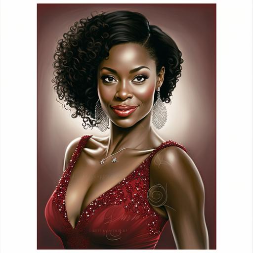 a photorealistic illustration of a stunning African American woman named Pretty, wearing an elegant, red sequined dress that gracefully hugs her curves. She has luscious, dark chocolate brown hair that cascades down her shoulders, framing her striking facial features. Her eyes are almond-shaped and captivating, while her full, inviting lips curve into a warm smile. The illustration is inspired by the art style of hyperrealism. The scene is captured as if taken with a high-end DSLR camera, using a low-angle shot that emphasizes her confident and radiant presence. The background showcases a tasteful, deep red hue, adorned with subtle lipstick prints that further enhance the sophisticated atmosphere. Ensure the illustration is visually arresting v5 ar 4:3 s3 c14