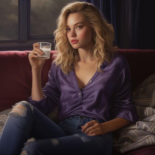 a photorealistic image of a beautiful young thin woman with wavy blonde hair wearing a purple sweater and blue jeans sitting on a couch, leaning back while eating a pint of ice cream
