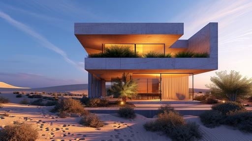 a photorealistic image of a minimalist multi-story house in the Saudi Arabia desert. The house should feature a square-shaped, concrete exterior with a rooftop garden. Include contrasting vegetation against the earthy tones of the desert. Capture this using a high-quality DSLR camera with a sharp lens to emphasize the minimalist design and the vibrant desert landscape. The image should convey a sense of isolation and tranquility, blending modern architecture with the natural beauty of the desert. --ar 16:9 --v 6.0 --style raw