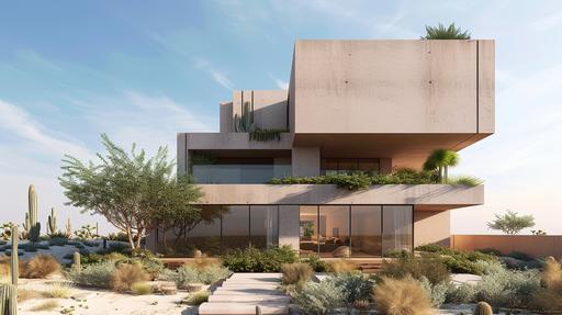 a photorealistic image of a minimalist multi-story house in the Saudi Arabia desert. The house should feature a square-shaped, concrete exterior with a rooftop garden. Include contrasting vegetation against the earthy tones of the desert. Capture this using a high-quality DSLR camera with a sharp lens to emphasize the minimalist design and the vibrant desert landscape. The image should convey a sense of isolation and tranquility, blending modern architecture with the natural beauty of the desert. --ar 16:9 --v 6.0 --style raw