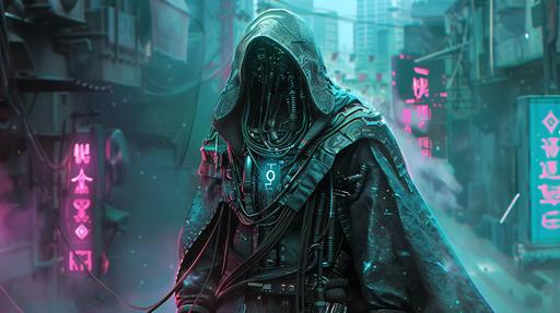 a photorealistic image that portrays a magus-hacker entrenched in the underbelly of a cyberpunk city. Cloaked in digital armor, the magus-hacker is draped in an amalgamation of traditional sorcerer garments and futuristic cyberwear, integrating luminous arcane sigils with cybernetic enhancements. Cables sprawling like tentacles, ancient tomes open beside sleek, digital devices, and screens flickering with both magical runes and complex code. Dark fantasy, cybernetic details, ambient lighting, fog effects, horror atmosphere, sharp textures, dynamic contrast, suspenseful mood --ar 16:9