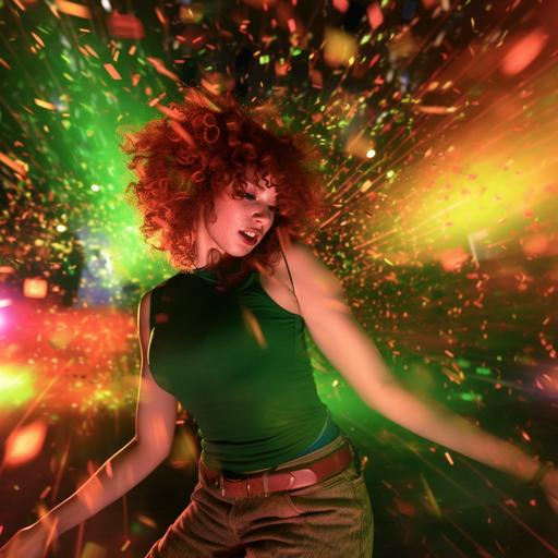 a photorealistic photo of a pale-skinned white woman dancing in a nightclub. she is wearing a forest green tank top and brown pants. her hair is a mass of red curls flying in all directions. she is wearing thick brown bracelets and a necklace that resembles a chain of brown circles. there are bright colorful lights and explosions of bright colored powder all around her illuminating the room.