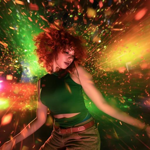 a photorealistic photo of a pale-skinned white woman dancing in a nightclub. she is wearing a forest green tank top and brown pants. her hair is a mass of red curls flying in all directions. she is wearing thick brown bracelets and a necklace that resembles a chain of brown circles. there are bright colorful lights and explosions of bright colored powder all around her illuminating the room.