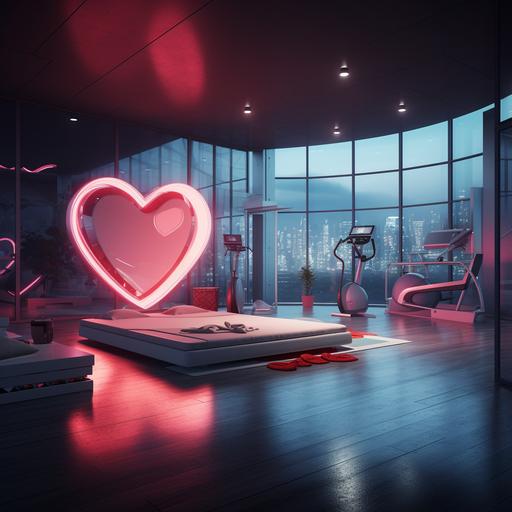 a photorealistic photo of a trendy, modern gym with no people in it and heart-shaped bed in the middle
