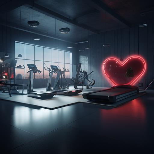 a photorealistic photo of a trendy, modern gym with no people in it and heart-shaped bed in the middle