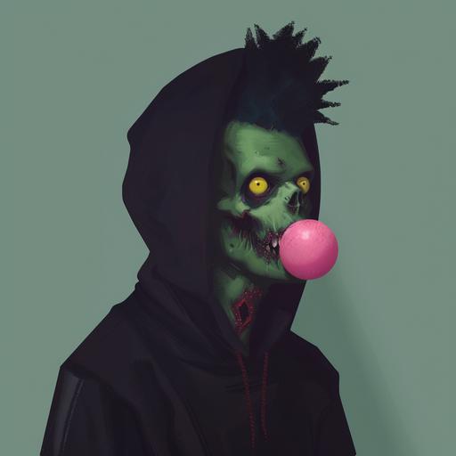 a photorealistic portrait of a green zombie, black sweat, hoodie up, black spiky hair, pink bubble gum in mouth, yellow eyes