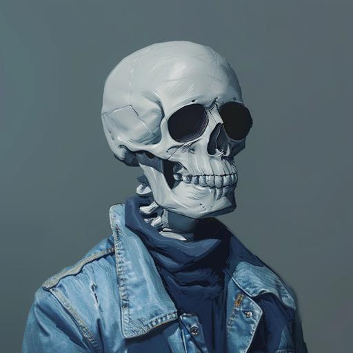 a photorealistic portrait of a white skeleton, bandit mask (white eyes visible), blue denim jacket, cinematic effect