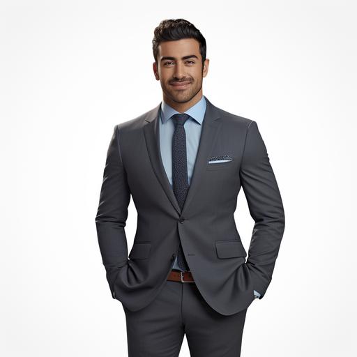 a photorealistic render of an Arab male tv preseneter wearing a charcoal suit with baby blue shirt and black tie. The presenter has a strong jawline and is smiling. Full body shot standing straight and strong