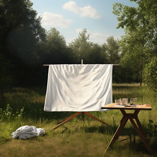 a photorealistic scene of a off white linen sheet that is blowing in the wind and hanging on a background tripod. In the back you can see some pine trees that are standing behind the background tripod and the grass on which everything is standing is a bit dry. In front of the linen sheet stands a wooden table with massive wooden legs and a thick wooden tabletop. The table is decorated with fresh lemons, olive branches, white plates, silver cutlery. Additionally the table is decorated with champagne glasses in the style of the roaring twenties.