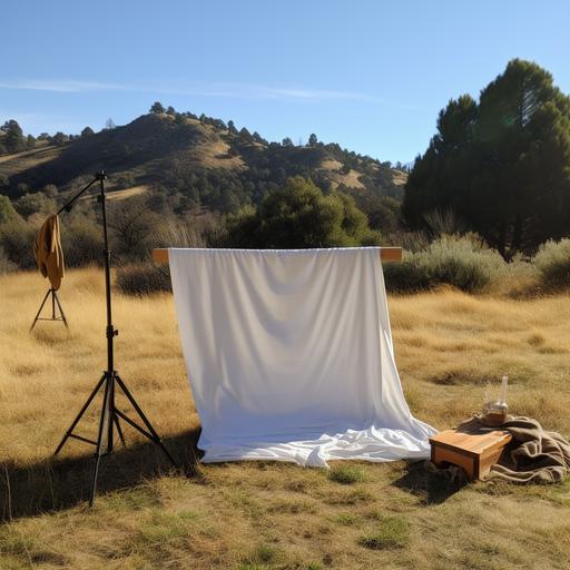 a photorealistic scene of a off white linen sheet that is blowing in the wind and hanging on a background tripod. In the back you can see some pine trees that are standing behind the background tripod and the grass on which everything is standing is a bit dry. In front of the linen sheet stands a wooden table with massive wooden legs and a thick wooden tabletop. The table is decorated with fresh lemons, olive branches, white plates, silver cutlery. Additionally the table is decorated with champagne glasses in the style of the roaring twenties.