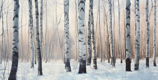 a photorealistic scene of a winter forest with birch trees, , multidimensional shading, Fujifilm Eterna vivid 500t, contemporary Canadian art, gray and aquamarine, photo taken with nikon d750 --ar 128:65 --s 50 --style raw