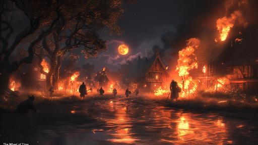 a photorealistic scene under the cloak of night, illuminated only by the fierce orange glow of fires and the haunting light of a full moon. This is the world of 