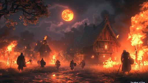 a photorealistic scene under the cloak of night, illuminated only by the fierce orange glow of fires and the haunting light of a full moon. This is the world of 