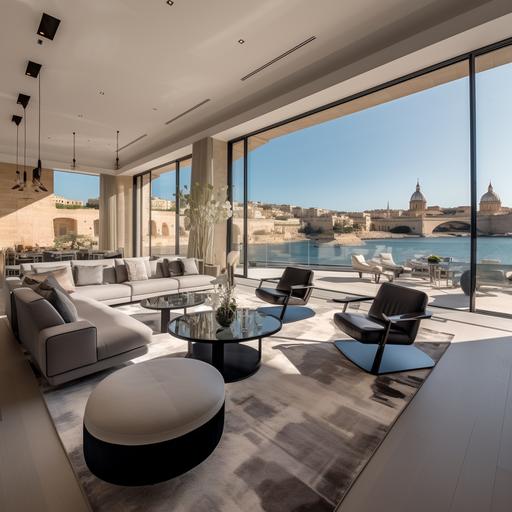 a photorealistic view of a very large apartment , with modern design furniture but sophisticated , overall with light and dark greys colors and light grey floor in granite stone . Large windows overviewing valletta from sliema tigne point in malta, add 2 vintage armchairs of the mid 1900 century f, add 1 large rround sofas, add dining lounge view on the right , the outdoor walls in the terrace are black