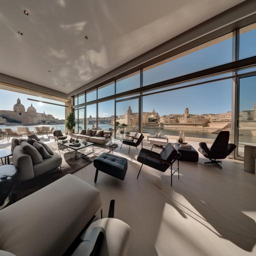 a photorealistic view of a very large apartment , with modern design furniture but sophisticated , overall with light and dark greys colors and light grey floor in granite stone . Large windows overviewing valletta from sliema tigne point in malta, add 2 vintage armchairs of the mid 1900 century f, add 1 large rround sofas, add dining lounge view on the right , the outdoor walls in the terrace are black