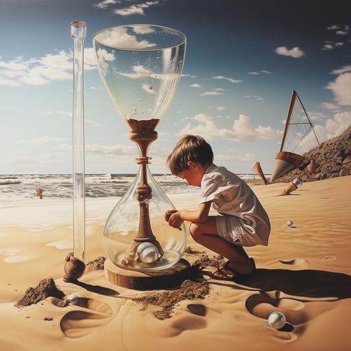 a photorealistic vintage image of a child on the beach pouring sand from a bucket into a large broken hourglass