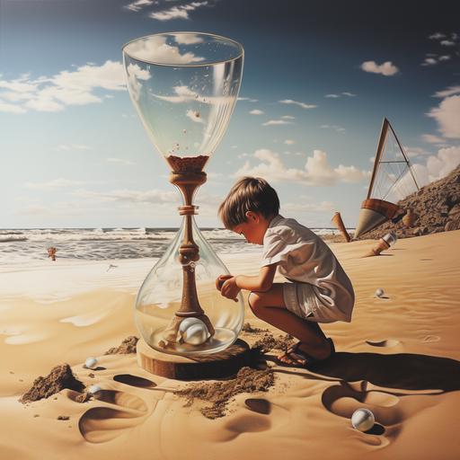 a photorealistic vintage image of a child on the beach pouring sand from a bucket into a large broken hourglass