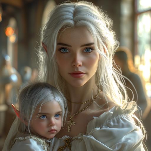 a photorealistic young adult female elf with white hair and light waves, a straight hairstyle, blue eyes, and an straight nose. She is wearing a lucid white dress that is worn by a priestess, with a small cross in the middle of her necklace, looking at the viewer, and holding her half-elf baby who has grey hair and blue eyes, style of witcher3 video game minute details SSAA anti-aliasing max-graphics ultra-quality post processing 8k HD HDR XDR mods, cinematic fantasy, edge lights halation::5 ugly, old, grumpy, twisted, odd, average, low-quality, low-poly-count, low-settings, Square-blocky-anatomy, fat, round, squinting, smoothing, small-eyes, long-anatomy, wide-anatomy, stretched-anatomy, flat-face, plastic, split multi view, flat-nose, long-head::-1 text, ui, descriptions, names, words, letters, magazine, titles, captions, labels, signatures, poster, announcement, logo, ads, advertisements::-1 --stylize 500 --v 6.0 --q .5