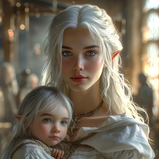 a photorealistic young adult female elf with white hair and light waves, a straight hairstyle, blue eyes, and an straight nose. She is wearing a lucid white dress that is worn by a priestess, with a small cross in the middle of her necklace, looking at the viewer, and holding her half-elf baby who has grey hair and blue eyes, style of witcher3 video game minute details SSAA anti-aliasing max-graphics ultra-quality post processing 8k HD HDR XDR mods, cinematic fantasy, edge lights halation::5 ugly, old, grumpy, twisted, odd, average, low-quality, low-poly-count, low-settings, Square-blocky-anatomy, fat, round, squinting, smoothing, small-eyes, long-anatomy, wide-anatomy, stretched-anatomy, flat-face, plastic, split multi view, flat-nose, long-head::-1 text, ui, descriptions, names, words, letters, magazine, titles, captions, labels, signatures, poster, announcement, logo, ads, advertisements::-1 --stylize 500 --v 6.0