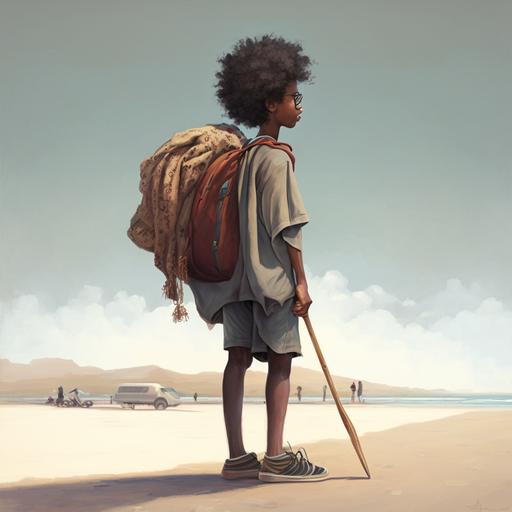 a photorealistic young male traveler with an afro holding a cloth bag on a stick on a long journey