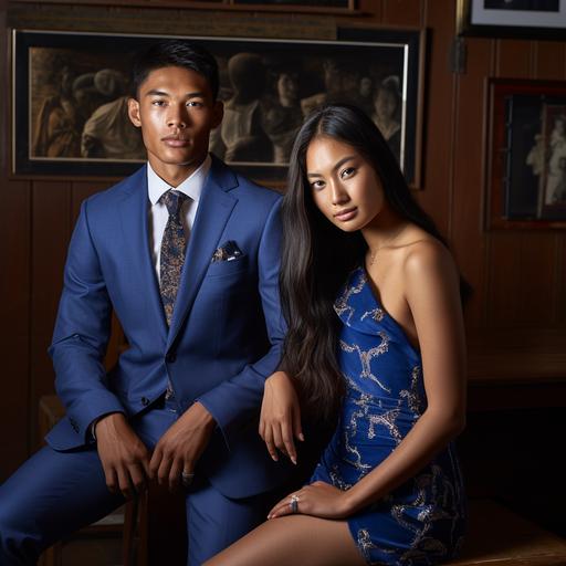 a photoshoot of two ethnically hawaiian high school models wearing a blue suit and a blue prom dress. Both have the polo ralph lauren aestetic, old money, and are sitting