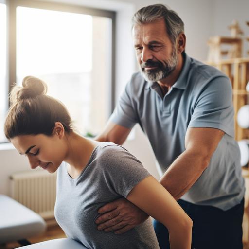 a physical therapist assisting a person over 40 with back pain