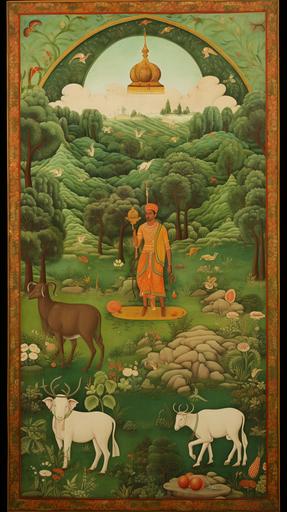 a pichwai painting with green background and earthy colors with a lot of detailed Indian imagery --ar 9:16