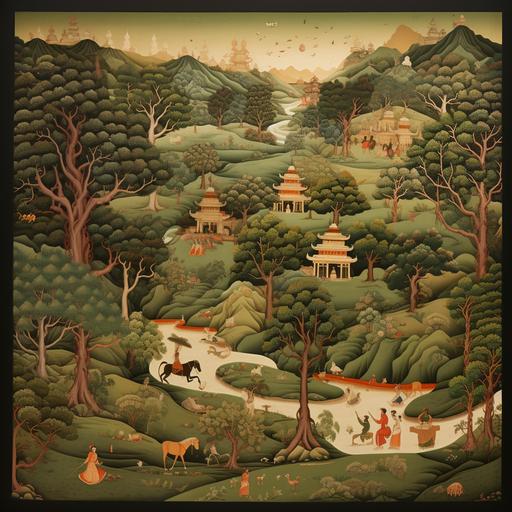 a pichwai painting with green background and earthy colors with a lot of detailed Indian imagery