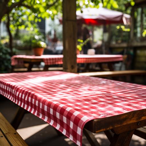 a picnic table with a red checked table cloth --style raw --s 250