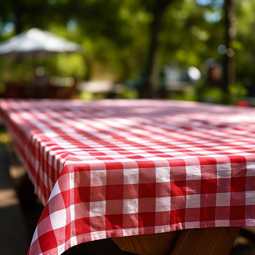 a picnic table with a red checked table cloth, sharp focus on the material, great detail, all within the depth of field --style raw --s 250