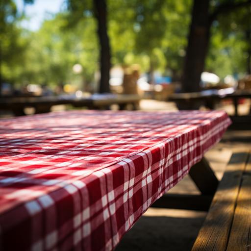 a picnic table with a red checked table cloth, sharp focus. deep depth of field, f-stop 22, no blur, great detail--style raw --s 250