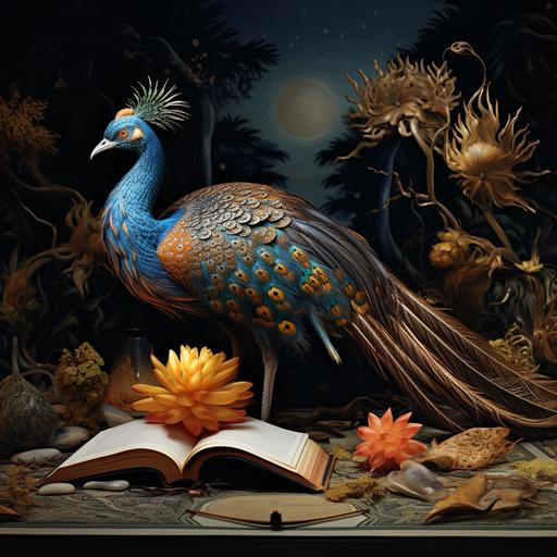 a picture book with an illustration of a hyper realistically rendered simurgh, in the style of nikon d850, illuminated interiors, Elisabeth Sonrel, Jacek Yerka, National Geographic photo, strip painting, dark blue background with copper detailing, curved cypress trees, Persian border design