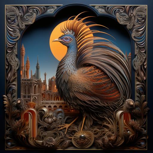 a picture book with an illustration of a hyper realistically rendered simurgh, in the style of nikon d850, illuminated interiors, Elisabeth Sonrel, Jacek Yerka, National Geographic photo, strip painting, dark blue background with copper detailing, curved cypress trees, Persian border design