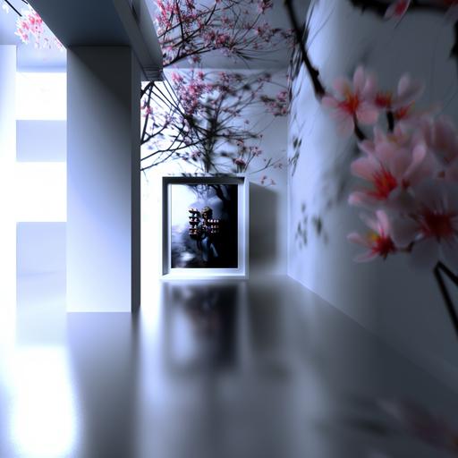 a picture in the depths of a white veranda, inside of which there are a lot of pink sakura --stylize 50 --v 6.0 --ar 1:1