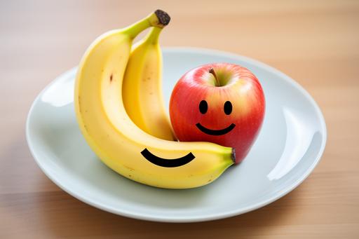 a picture of a banana and two apples on a plate symboling a smiley --ar 1200:800
