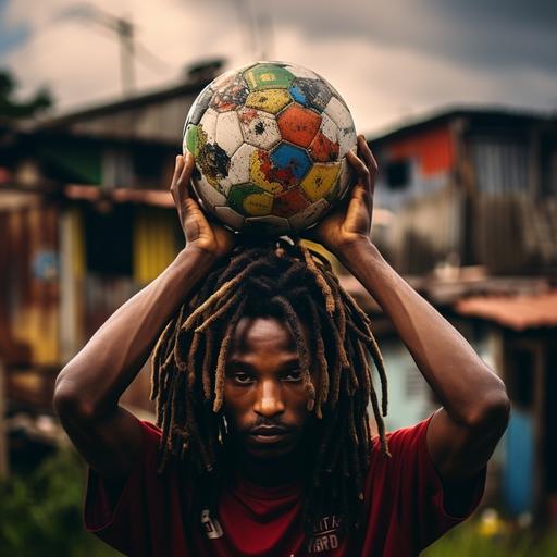 a picture of a man holding a soccer ball over his head in the colors of earth, african american man with dreds to his shoulder, in small village