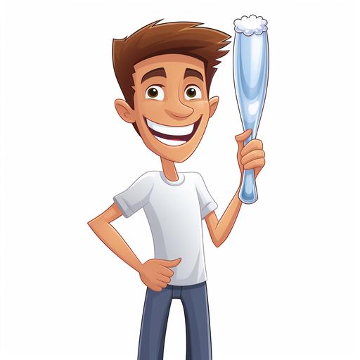 a picture of a man with a shiny smile, which keeps a giant toothbrush in his hands, transparent background, cartoon style
