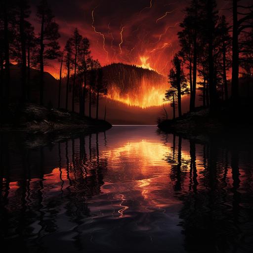 a picture of a serene mountain lake reflecting the forest fire raging in the surrounding tree lined hills at night high contrast dream like quality the center divide between the tree lined hills and the reflection in the lake water resembles the silhouette of a woman embers drift through the frame