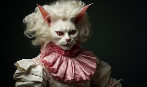 a picture of a white Cat Vampire standing in the dark, in the style of miss aniela, goblin academia, sacha goldberger, close-up intensity, manticore, toyen, dark white and pink --ar 32:19 --v 5.2