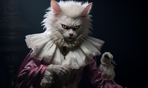 a picture of a white Cat Vampire standing in the dark, in the style of miss aniela, goblin academia, sacha goldberger, close-up intensity, manticore, toyen, dark white and pink --ar 32:19 --v 5.2