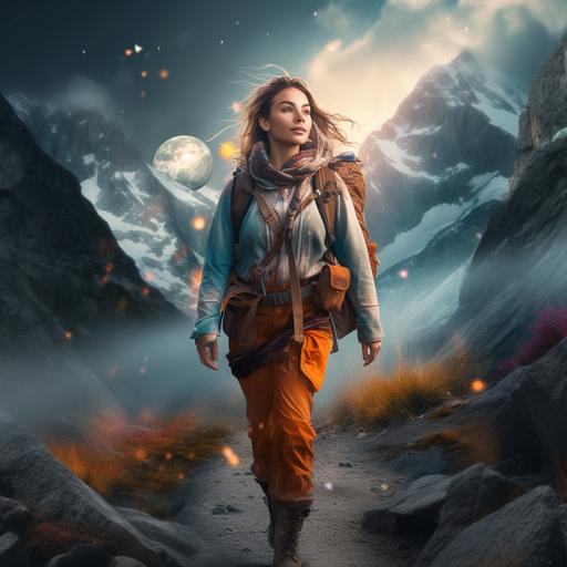 a picture of a woman wearing hiking clothes on a vibrant magical expedition on a success path