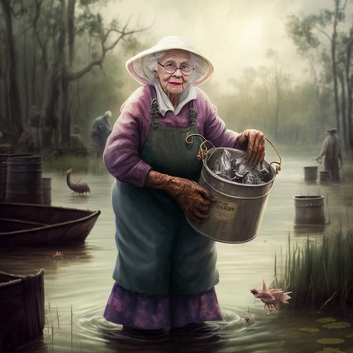 a picture of an old lady in white rubber boots collecting a crawfish pot from the swamp