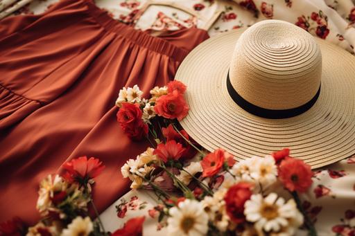 a picture of summer dresses with sandals and hats on top, in the style of light brown and crimson, wallpaper, back button focus, floral motifs, trendercore, optical, cute and colorful --ar 3:2
