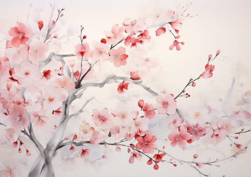 a piece of art, painted with watercolor flowers and leaves, in the style of kishin shinoyama, light pink and red, wallpaper, cherry blossoms, chen zhen, pentax 645n, arabesque --ar 65:46