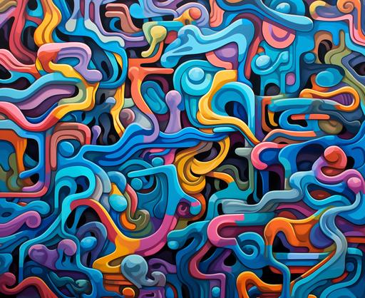 a piece of canvas art by person, in the style of colorful complexity, squiggly line style, repetition and accumulation, tangled forms, strip painting, cyan and blue, carpetpunk --ar 38:31