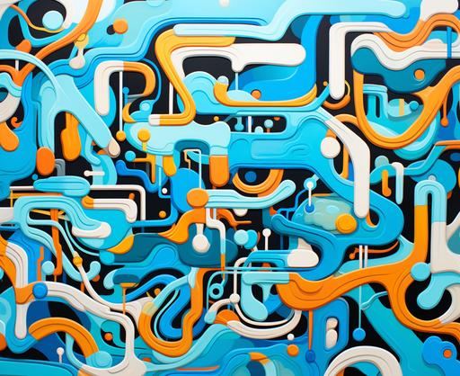 a piece of canvas art by person, in the style of colorful complexity, squiggly line style, repetition and accumulation, tangled forms, strip painting, cyan and blue, carpetpunk --ar 38:31