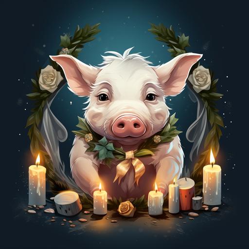 a pig, a fir wreath with four white candles on pig's head, pig wearing a white dress, whole pig is visible, cartoon illustration style