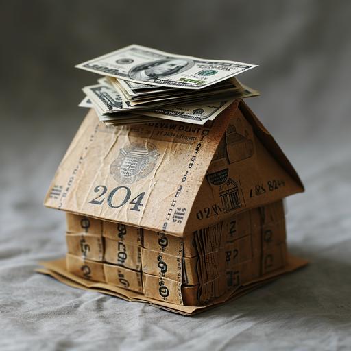 a pile of cash on top of a house of cards resembling the text 